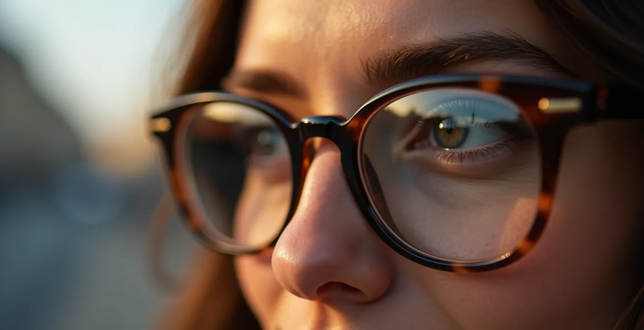 Portrait rapproché montrant le reflet d'un environnement urbain dans les verres de lunettes Cartier