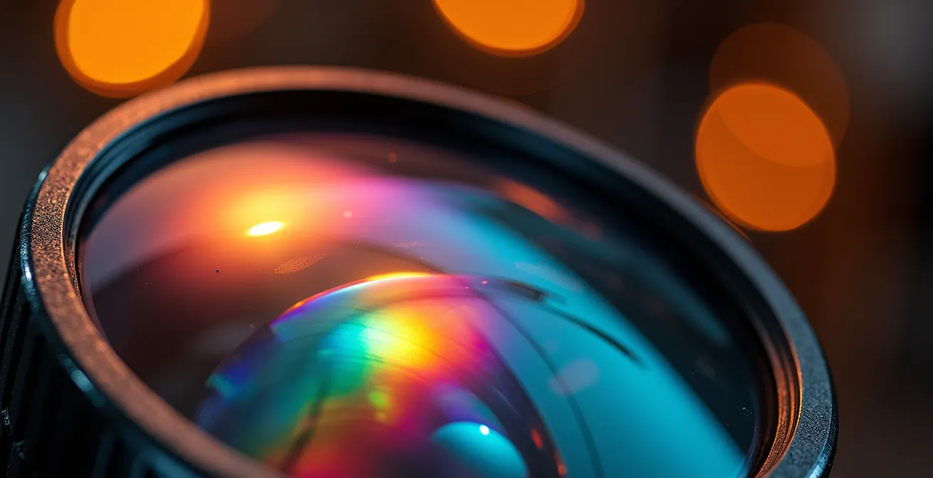 Détail macro d'un verre de lunettes avec traitement antireflet professionnel