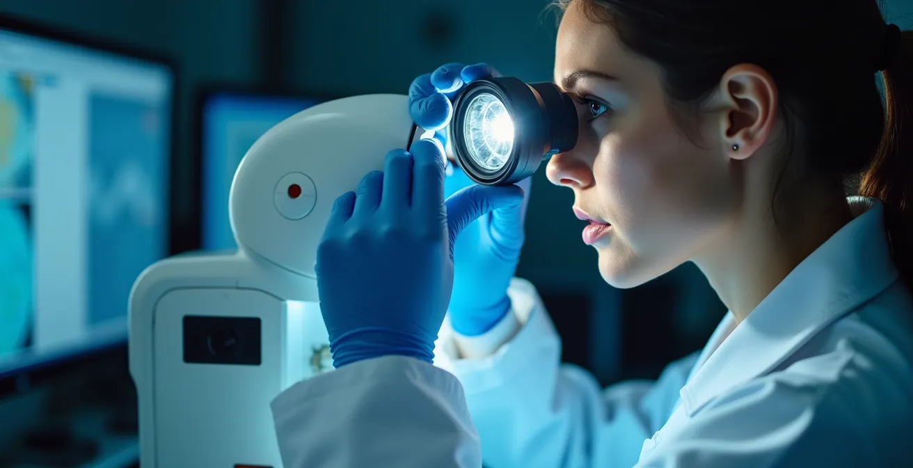 Ingénieur contrôlant la qualité optique d'un verre en laboratoire