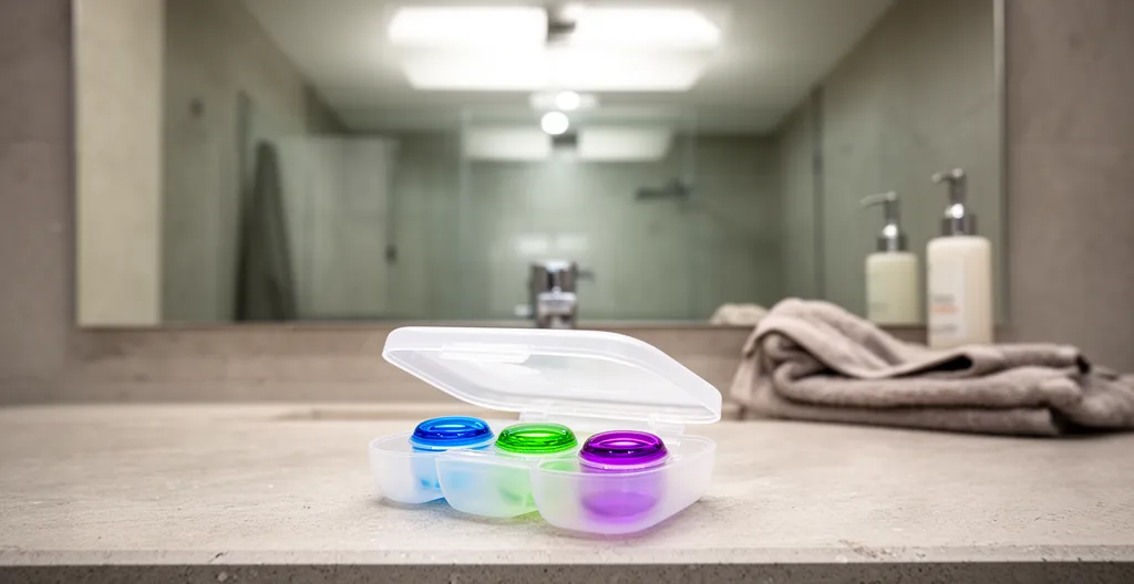 Boîtier de lentilles colorées sur plan de travail de salle de bain moderne