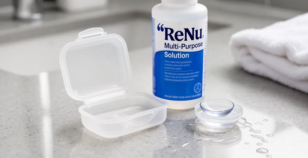 Boîtier de lentilles ouvert à côté d'un flacon de solution sur un plan de travail de salle de bain