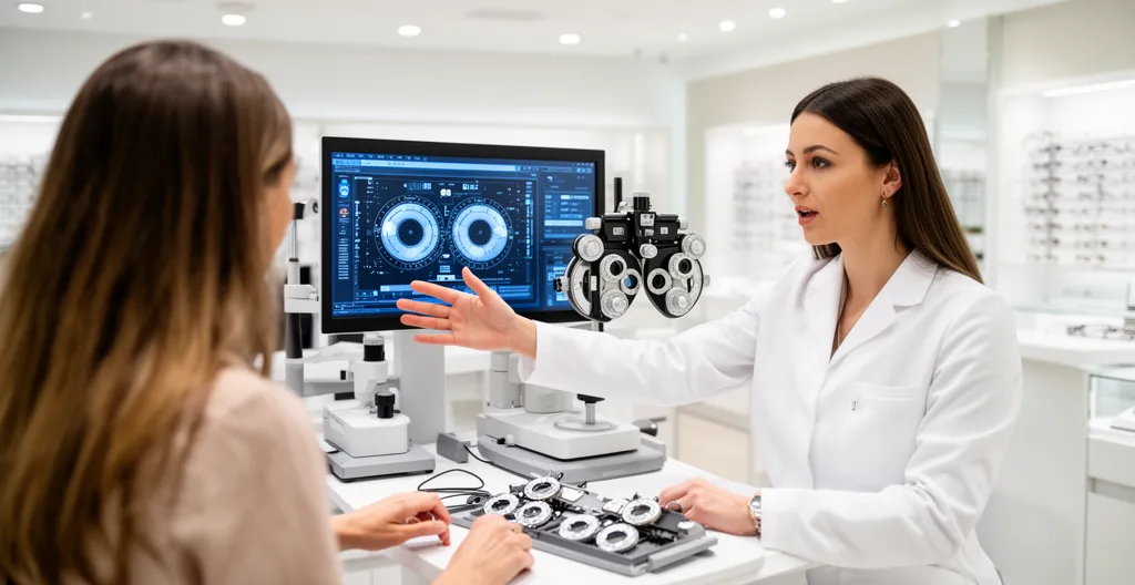 Opticien expliquant à une cliente devant un écran de diagnostic