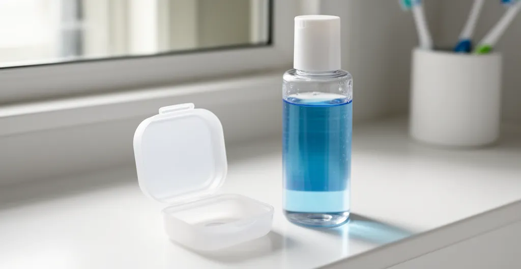 Étui à lentilles ouvert avec solution multifonction sur plan de travail