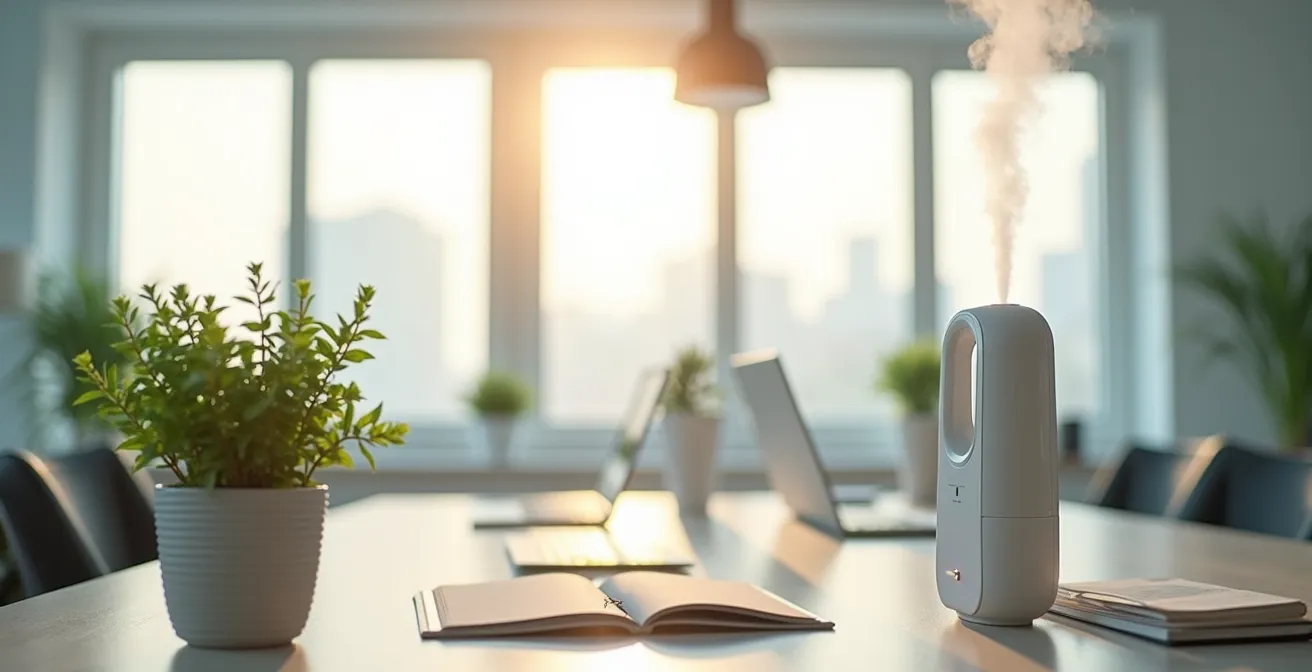 Espace de travail moderne avec plantes vertes et humidificateur d'air en arrière-plan