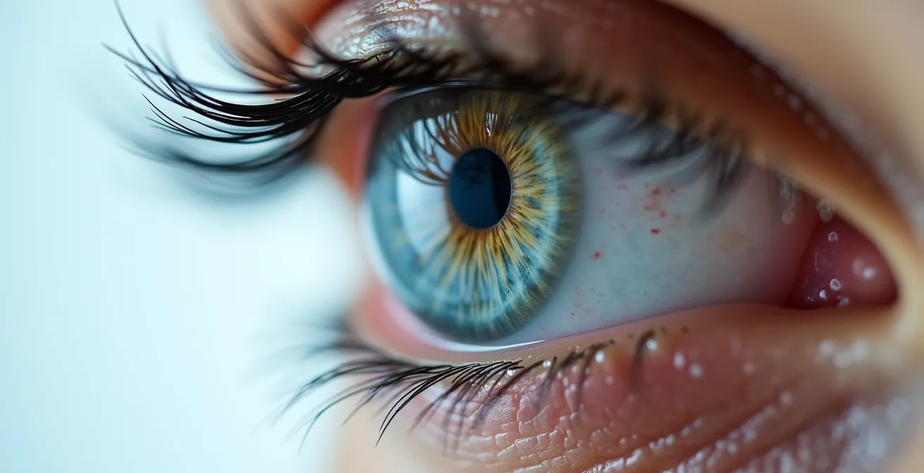 Gros plan sur un œil humain montrant différentes zones du film lacrymal avec texture visible de l'iris