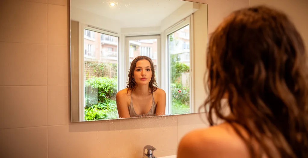 Femme devant miroir de salle de bain lors de sa routine matinale