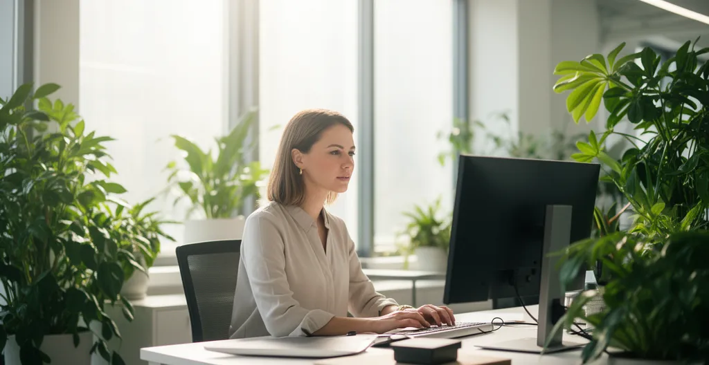 Professionnelle travaillant sur ordinateur dans un espace de bureau lumineux avec plantes