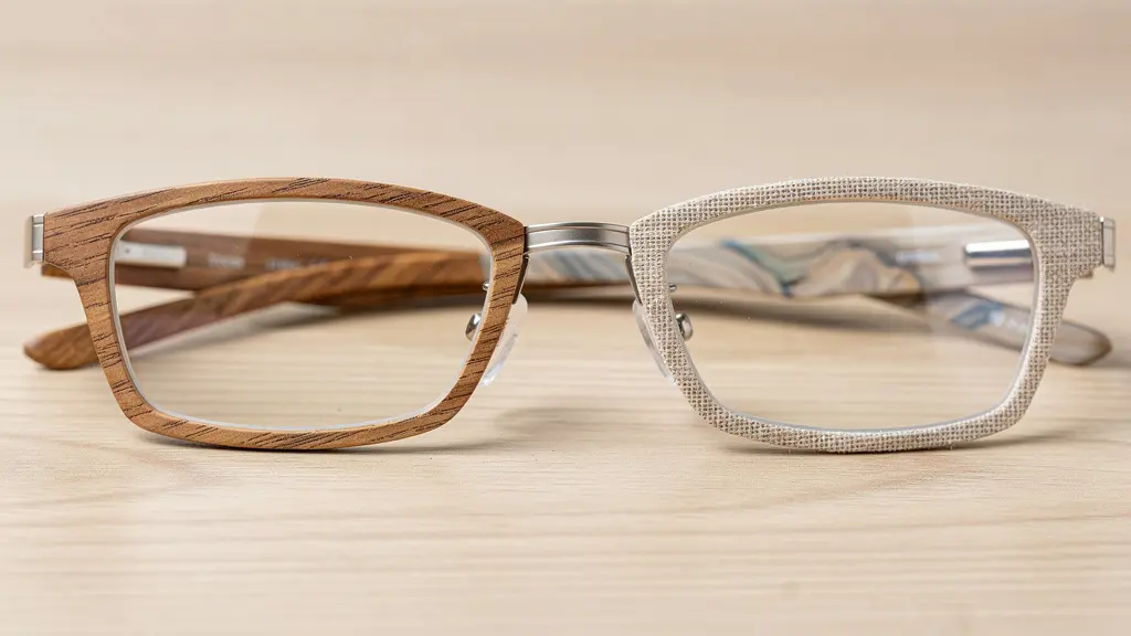 Montures en bois, lin et acétate recyclé présentées sur une surface en chêne clair