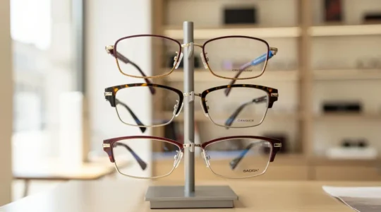 Présentoir élégant de lunettes créateurs dans une boutique d'optique choletaise