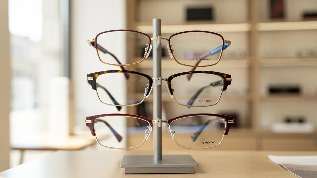 Présentoir élégant de lunettes créateurs dans une boutique d'optique choletaise