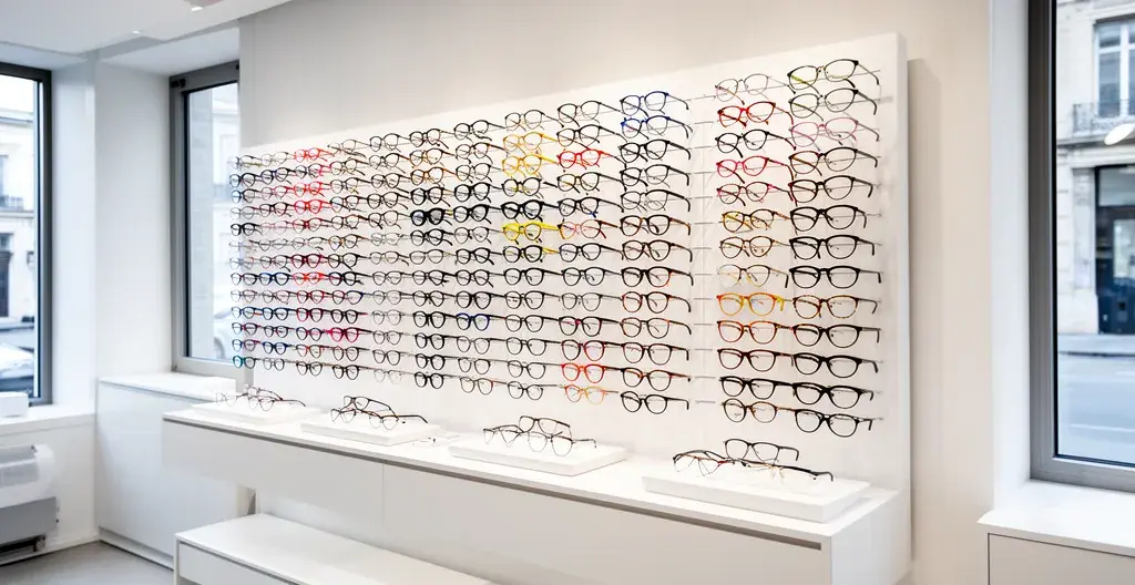 Présentoir de montures de lunettes variées dans une boutique optique