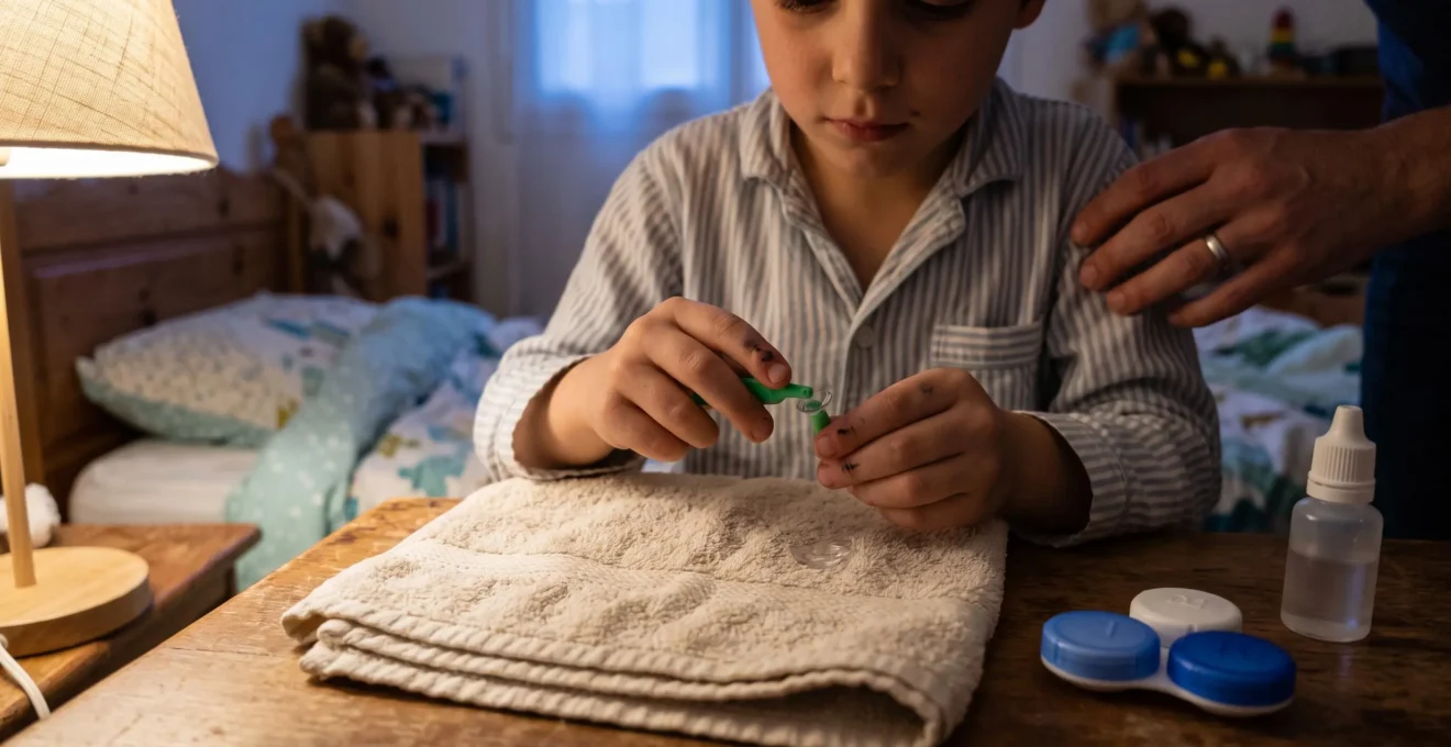 Gros plan sur les mains d'un enfant manipulant une lentille rigide d'orthokératologie sur une table de chevet avant le coucher.