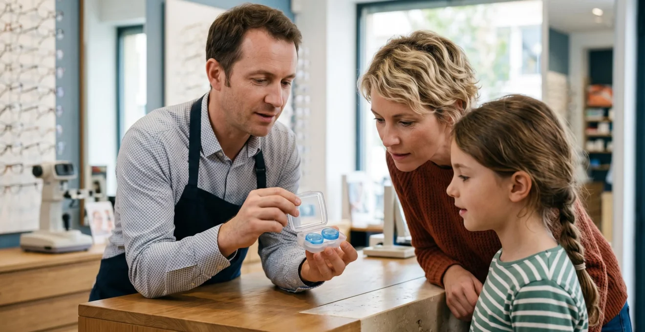 Un opticien présente une lentille d'orthokératologie dans son étui à une mère et son enfant dans un magasin d'optique en France.