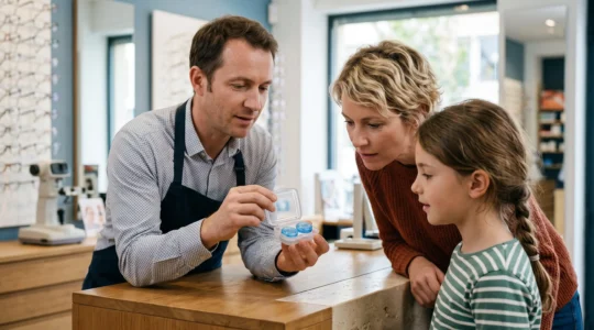 Un opticien présente une lentille d'orthokératologie dans son étui à une mère et son enfant dans un magasin d'optique en France.