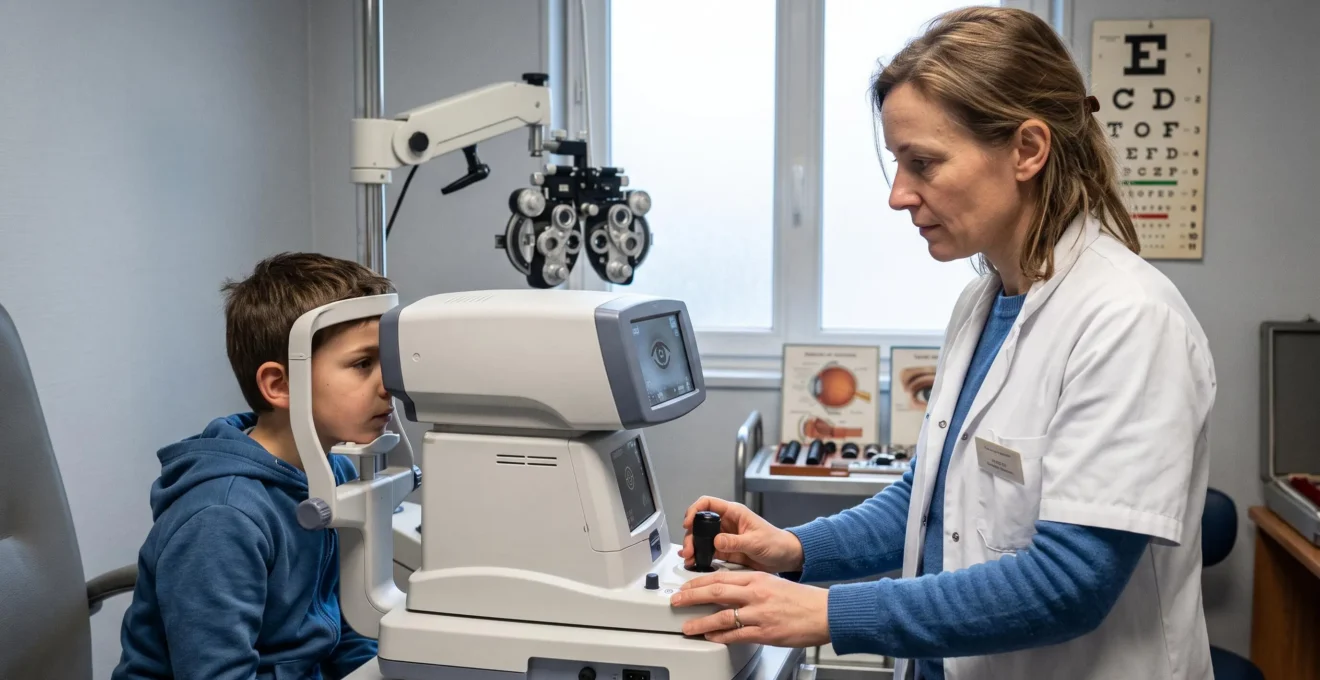 Un optométriste mesure la vision d'un enfant à l'aide d'un autorefracteur dans une salle d'examen.